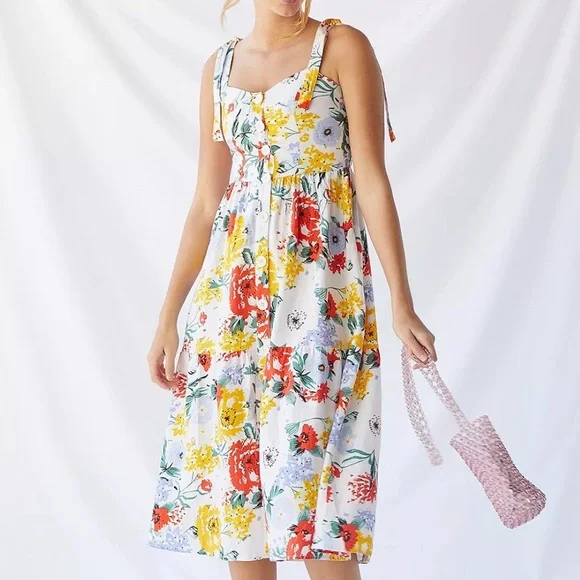 UO Positano Linen Tie-Shoulder Midi Dress